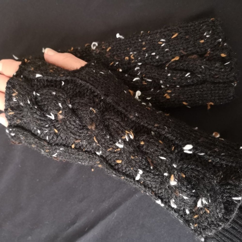 Black Tweed HandKnit Fingerless Gloves Mittens Armwarmer